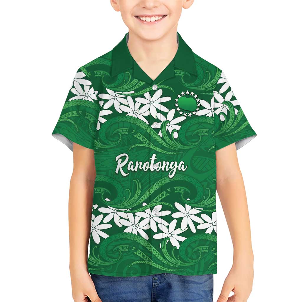 Personalised Cook Islands Rarotonga Kid Hawaiian Shirt Tiare Maori Polynesian Waves Tattoo LT14 Kid Green - Polynesian Pride