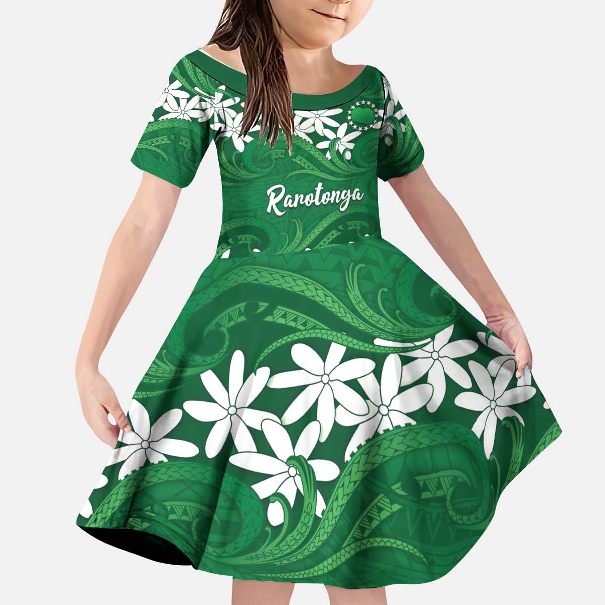 Personalised Cook Islands Rarotonga Kid Short Sleeve Dress Tiare Maori Polynesian Waves Tattoo LT14 KID Green - Polynesian Pride