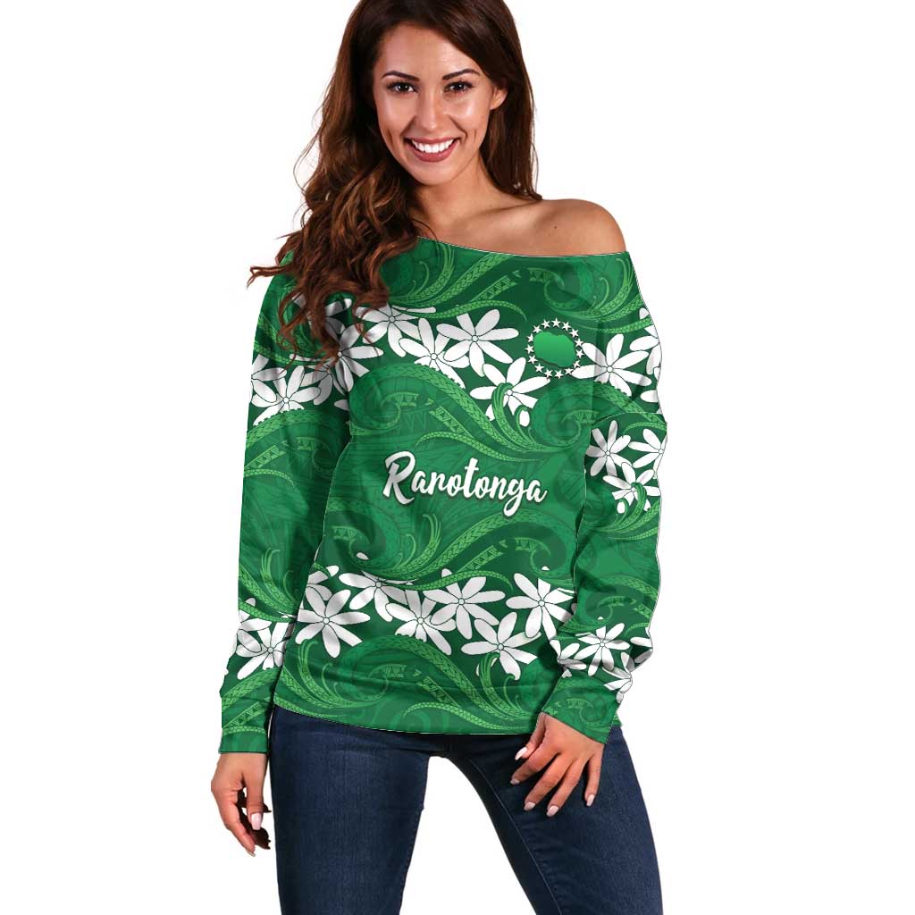 Personalised Cook Islands Rarotonga Off Shoulder Sweater Tiare Maori Polynesian Waves Tattoo LT14 Women Green - Polynesian Pride
