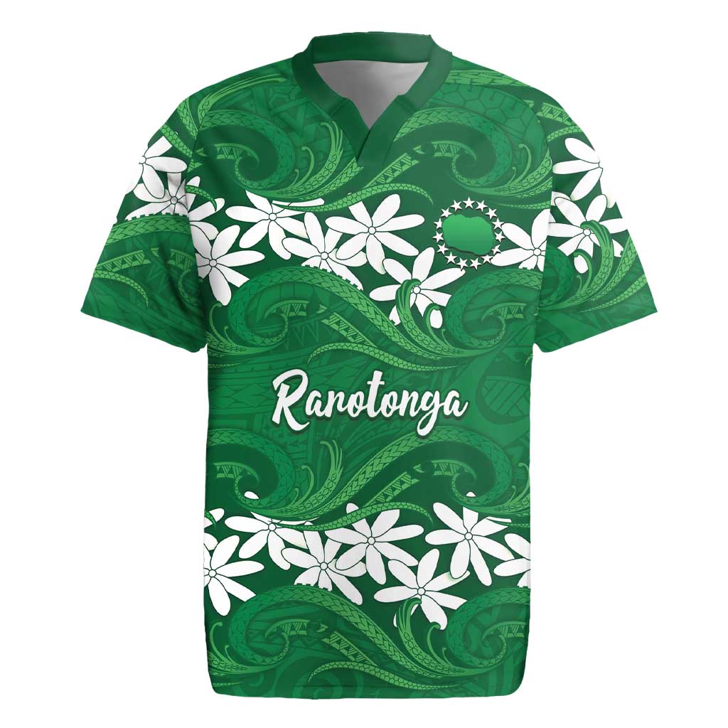 Personalised Cook Islands Rarotonga Rugby Jersey Tiare Maori Polynesian Waves Tattoo LT14 Green - Polynesian Pride