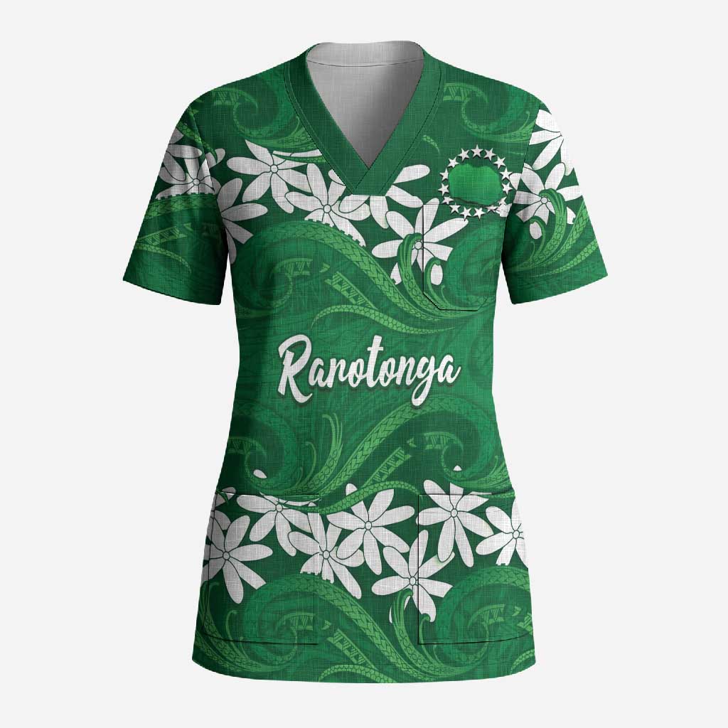 Personalised Cook Islands Rarotonga Scrub Top Tiare Maori Polynesian Waves Tattoo LT14 Adult Green - Polynesian Pride