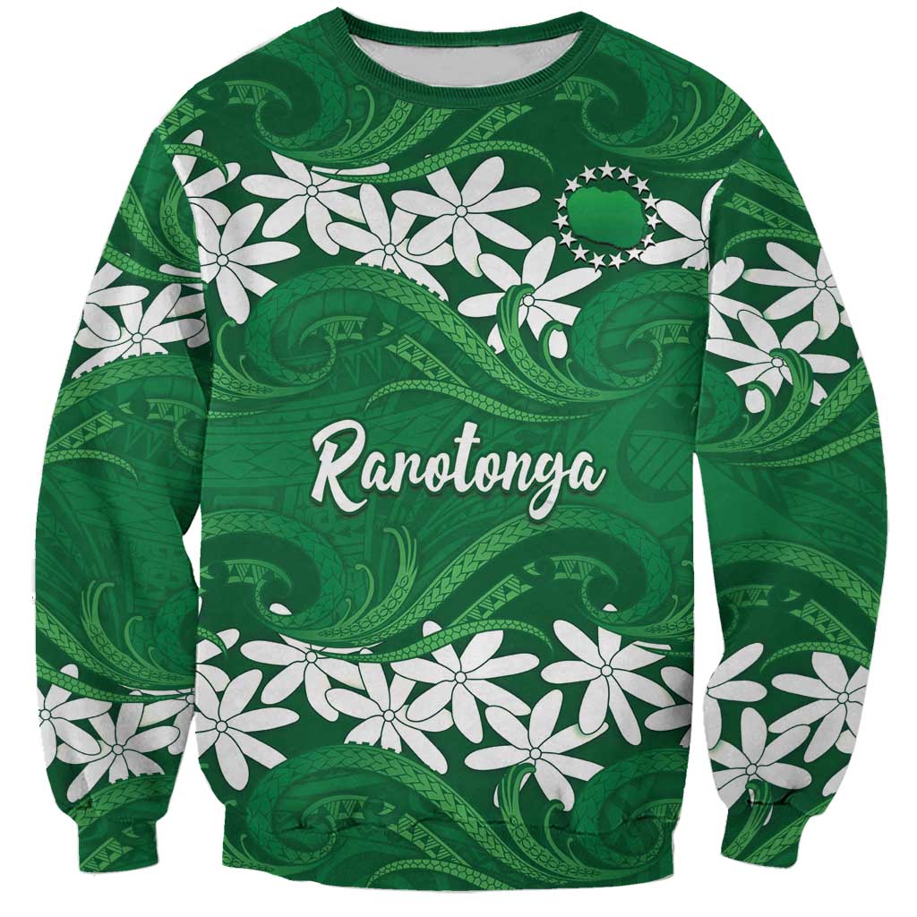 Personalised Cook Islands Rarotonga Sweatshirt Tiare Maori Polynesian Waves Tattoo LT14 Unisex Green - Polynesian Pride