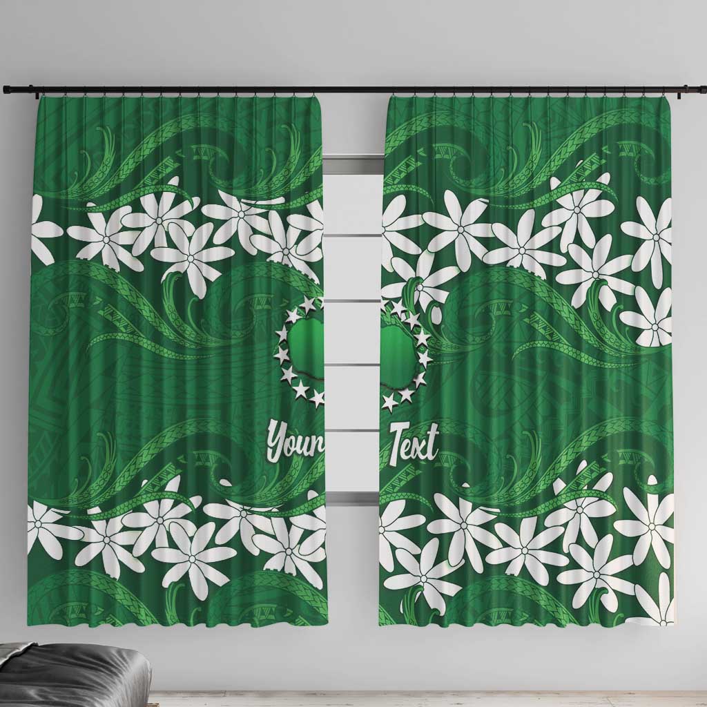 Personalised Cook Islands Rarotonga Window Curtain Tiare Maori Polynesian Waves Tattoo LT14 With Hooks Green - Polynesian Pride