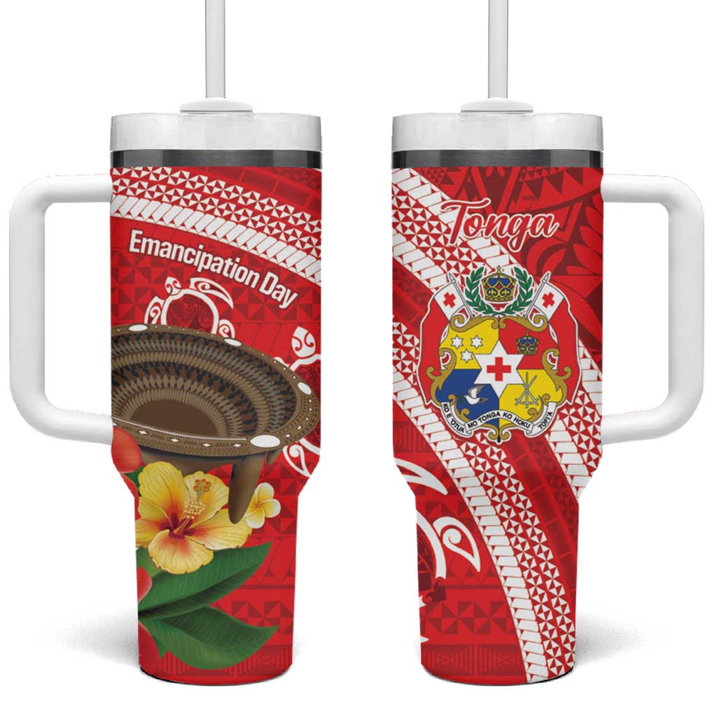 Kingdom Of Tonga Emancipation Day Tumbler With Handle Tongan Ngatu With Kumete Red LT14 One Size: 40 oz Red - Polynesian Pride