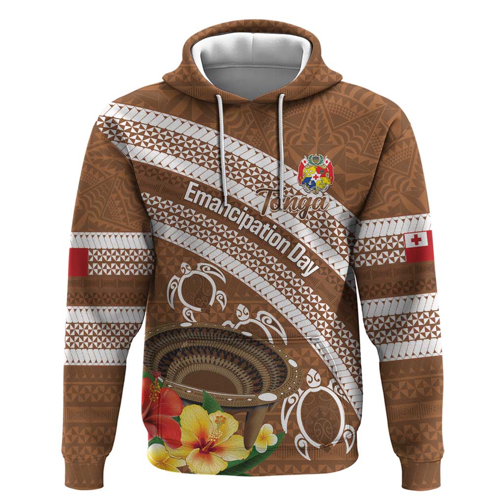 Kingdom Of Tonga Emancipation Day Hoodie Tongan Ngatu With Kumete Brown LT14 Pullover Hoodie Brown - Polynesian Pride