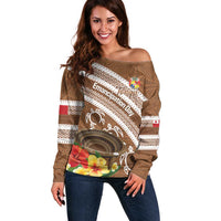 Kingdom Of Tonga Emancipation Day Off Shoulder Sweater Tongan Ngatu With Kumete Brown LT14 Women Brown - Polynesian Pride