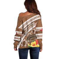 Kingdom Of Tonga Emancipation Day Off Shoulder Sweater Tongan Ngatu With Kumete Brown LT14 - Polynesian Pride
