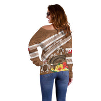 Kingdom Of Tonga Emancipation Day Off Shoulder Sweater Tongan Ngatu With Kumete Brown LT14 - Polynesian Pride