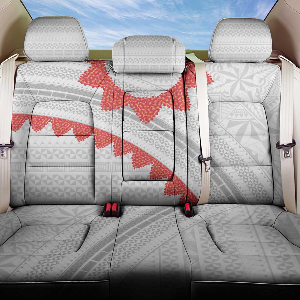 Tonga White Sunday Back Car Seat Cover Heilala Flowers Tongan Ngatu Pattern LT14 One Size White - Polynesian Pride