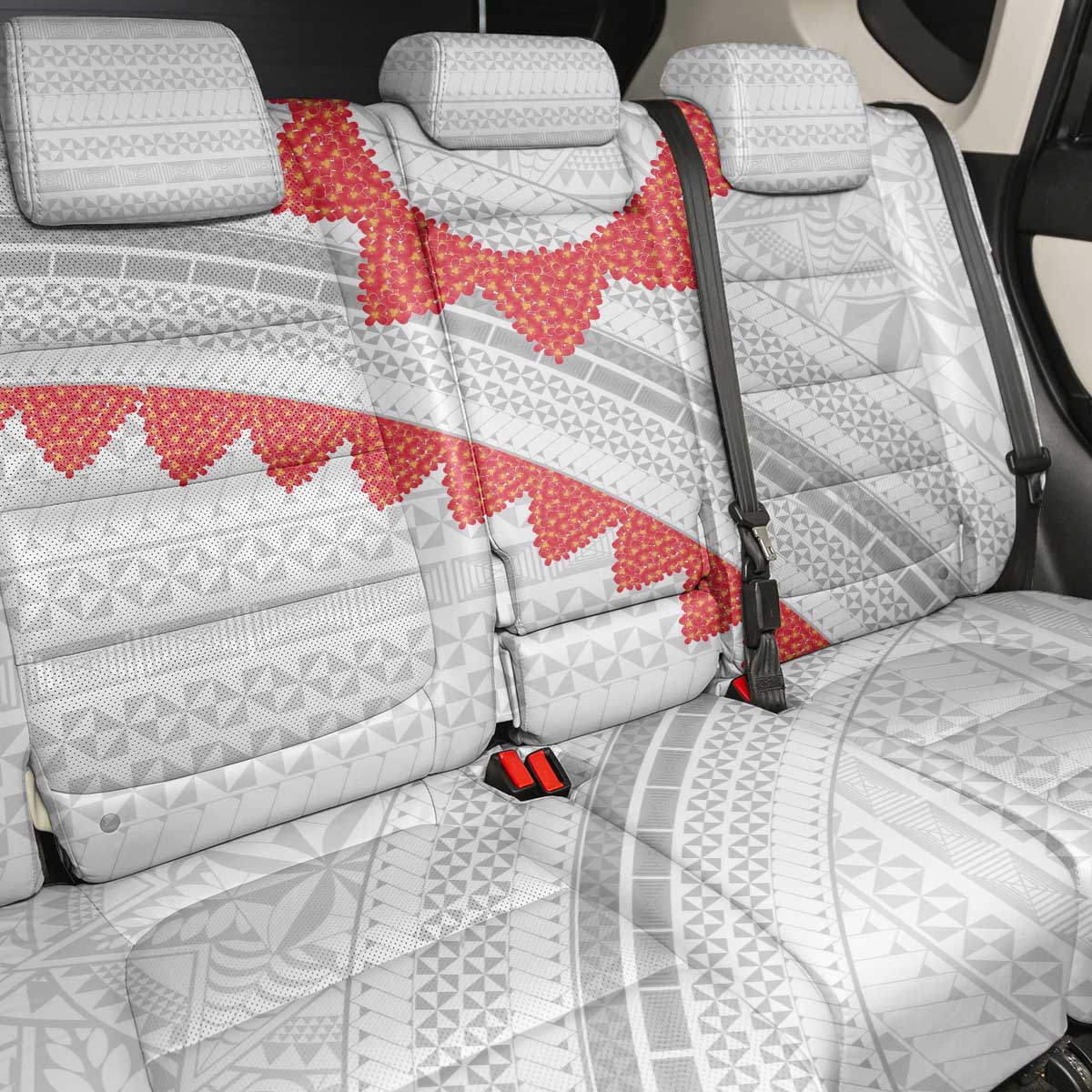 Tonga White Sunday Back Car Seat Cover Heilala Flowers Tongan Ngatu Pattern LT14 - Polynesian Pride