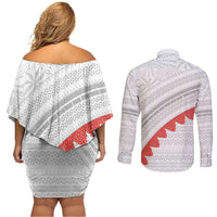 Tonga White Sunday Couples Matching Off Shoulder Short Dress and Long Sleeve Button Shirt Heilala Flowers Tongan Ngatu Pattern LT14 - Polynesian Pride