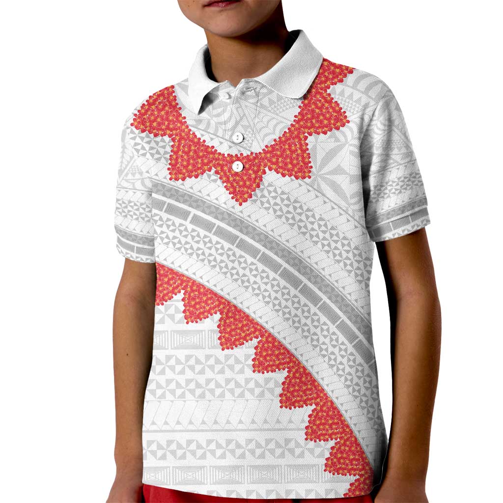 Tonga White Sunday Kid Polo Shirt Heilala Flowers Tongan Ngatu Pattern LT14 Kid White - Polynesian Pride