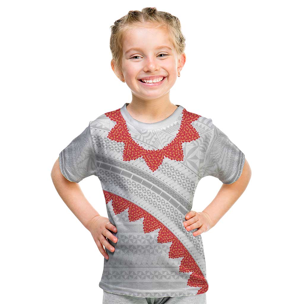 Tonga White Sunday Kid T Shirt Heilala Flowers Tongan Ngatu Pattern LT14 White - Polynesian Pride