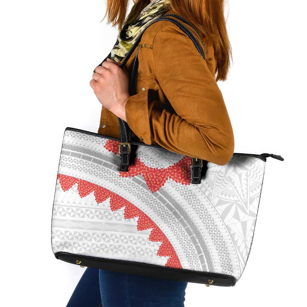 Tonga White Sunday Leather Tote Bag Heilala Flowers Tongan Ngatu Pattern LT14 White - Polynesian Pride