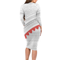 Tonga White Sunday Long Sleeve Bodycon Dress Heilala Flowers Tongan Ngatu Pattern LT14 - Polynesian Pride