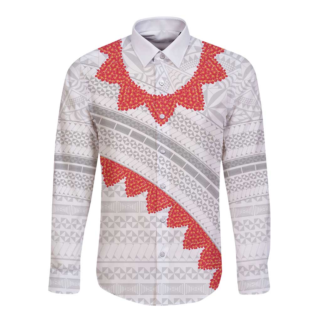 Tonga White Sunday Long Sleeve Button Shirt Heilala Flowers Tongan Ngatu Pattern LT14 Unisex White - Polynesian Pride