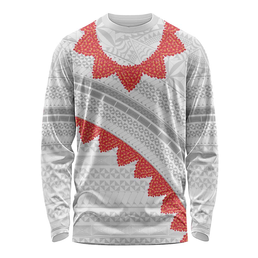 Tonga White Sunday Long Sleeve Shirt Heilala Flowers Tongan Ngatu Pattern LT14 Unisex White - Polynesian Pride