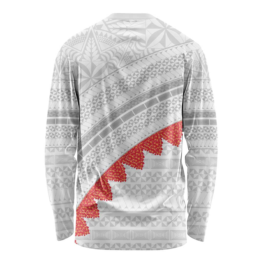 Tonga White Sunday Long Sleeve Shirt Heilala Flowers Tongan Ngatu Pattern LT14 - Polynesian Pride