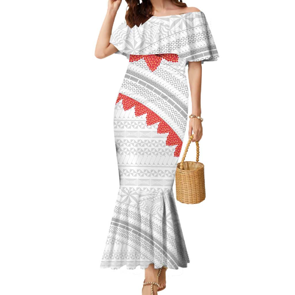 Tonga White Sunday Mermaid Dress Heilala Flowers Tongan Ngatu Pattern LT14 Women White - Polynesian Pride