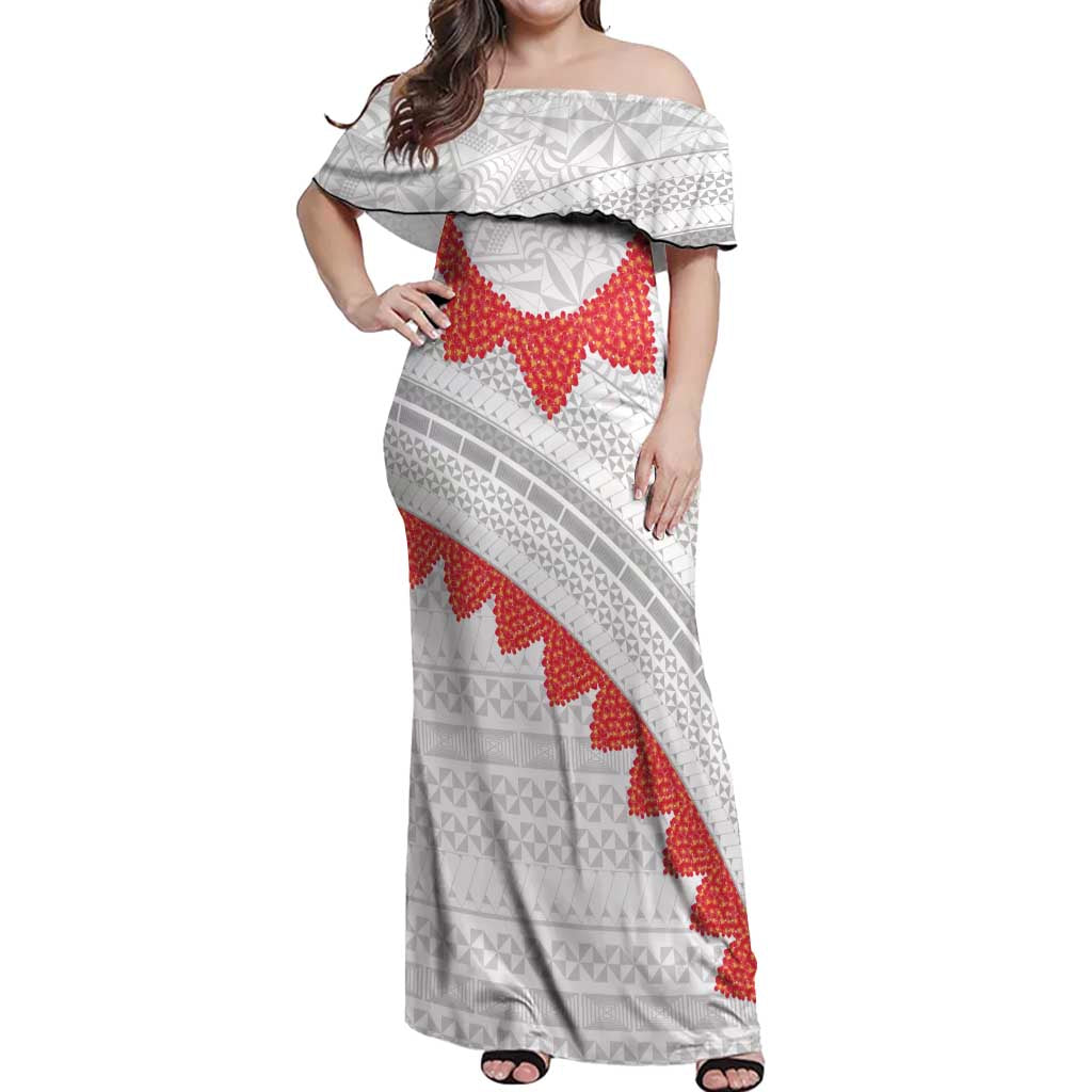 Tonga White Sunday Off Shoulder Maxi Dress Heilala Flowers Tongan Ngatu Pattern LT14 Women White - Polynesian Pride