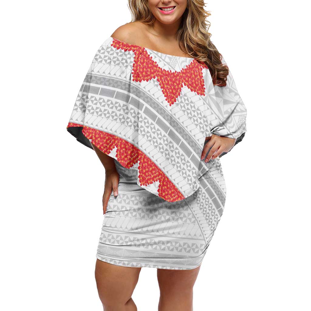 Tonga White Sunday Off Shoulder Short Dress Heilala Flowers Tongan Ngatu Pattern LT14 Women White - Polynesian Pride