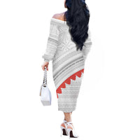 Tonga White Sunday Off The Shoulder Long Sleeve Dress Heilala Flowers Tongan Ngatu Pattern LT14 - Polynesian Pride