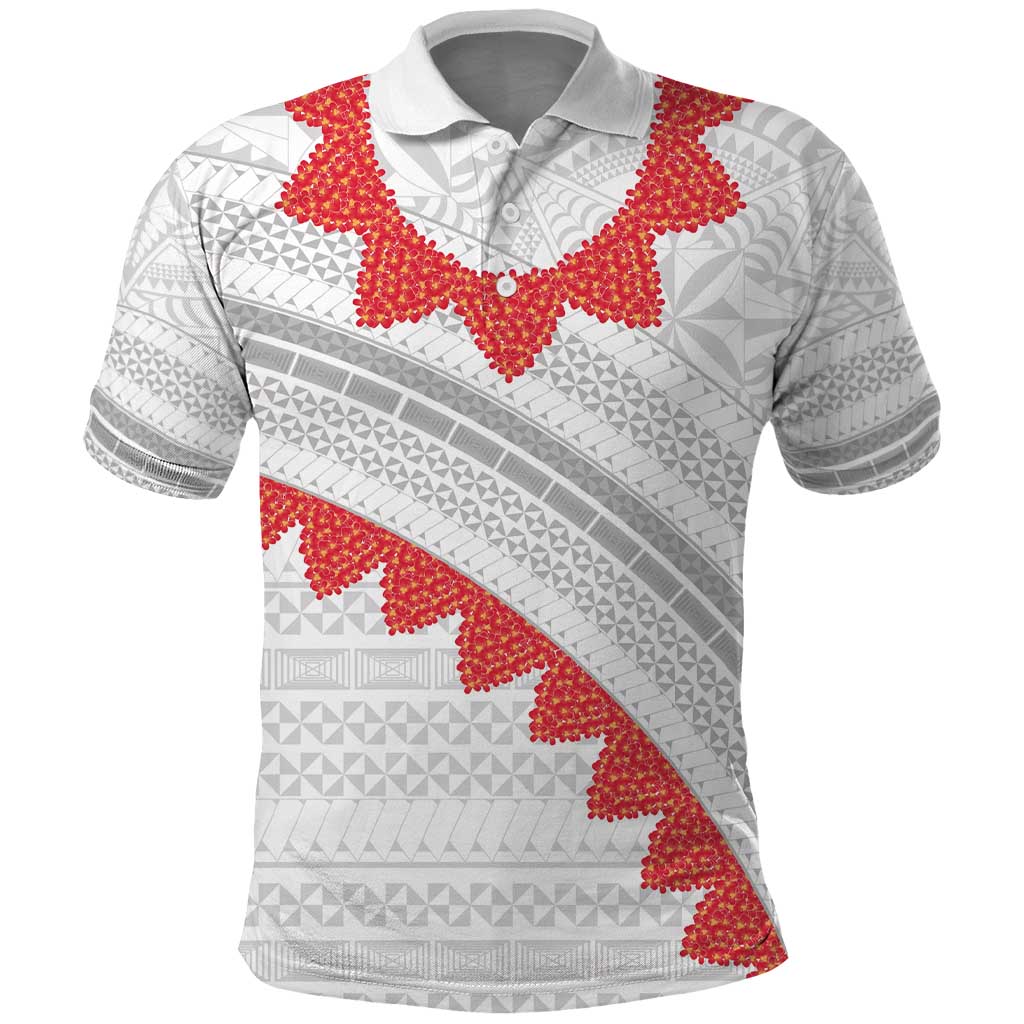 Tonga White Sunday Polo Shirt Heilala Flowers Tongan Ngatu Pattern LT14 White - Polynesian Pride