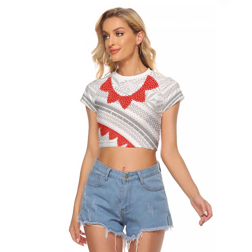Tonga White Sunday Raglan Cropped T Shirt Heilala Flowers Tongan Ngatu Pattern LT14 Female White - Polynesian Pride