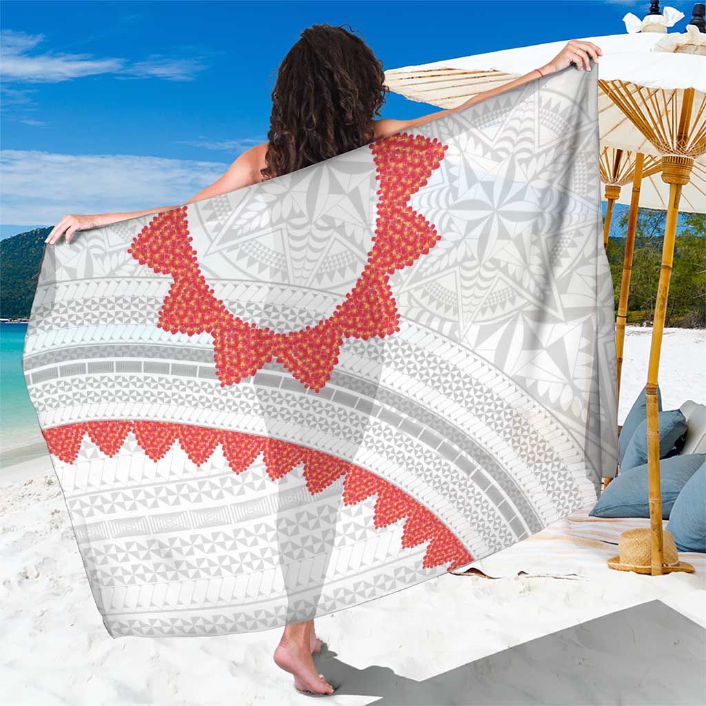 Tonga White Sunday Sarong Heilala Flowers Tongan Ngatu Pattern LT14 One Size 44 x 66 inches White - Polynesian Pride