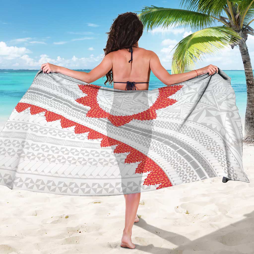 Tonga White Sunday Sarong Heilala Flowers Tongan Ngatu Pattern LT14 - Polynesian Pride