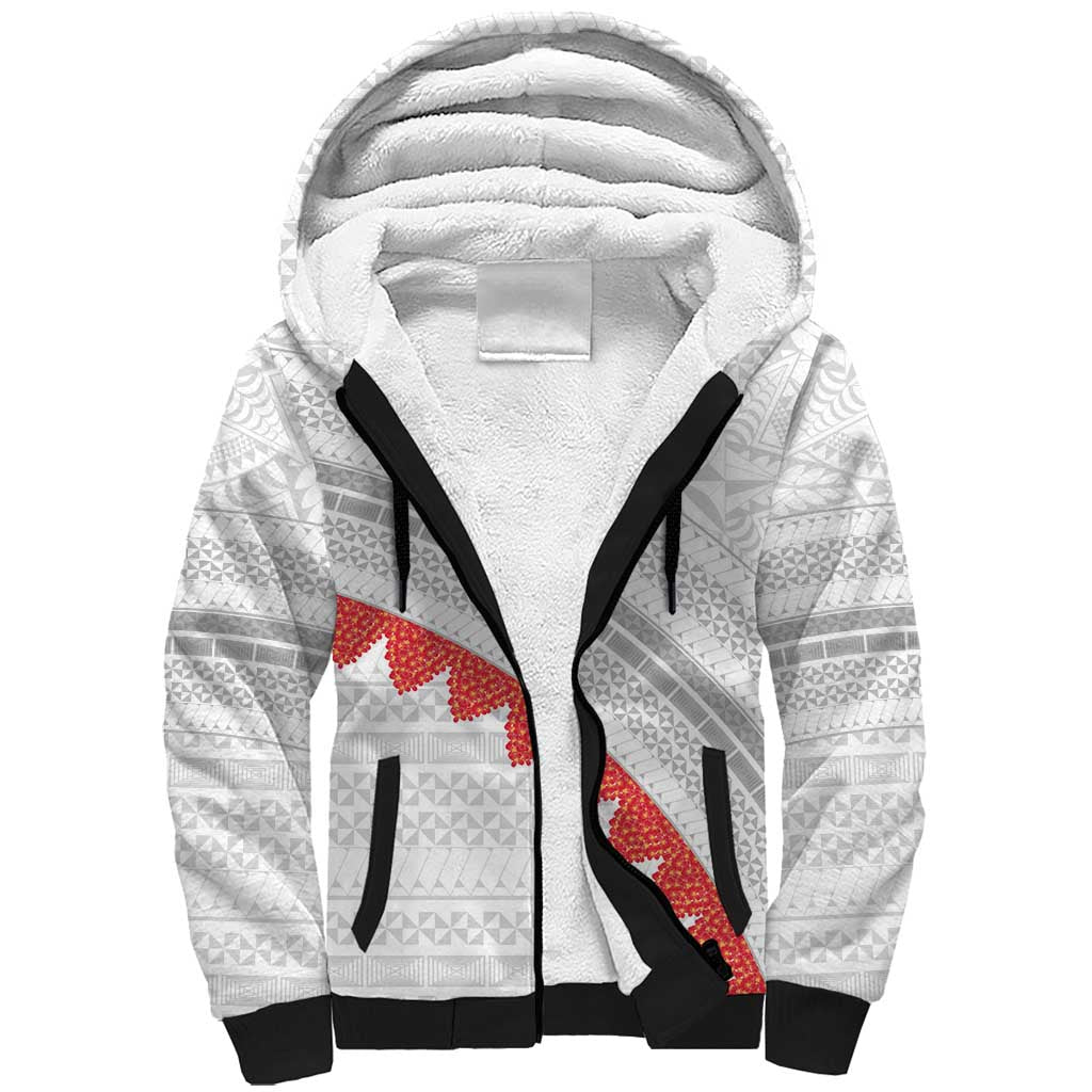Tonga White Sunday Sherpa Hoodie Heilala Flowers Tongan Ngatu Pattern LT14 Unisex White - Polynesian Pride