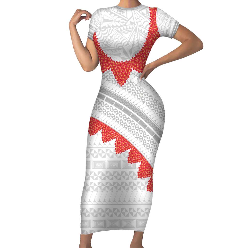 Tonga White Sunday Short Sleeve Bodycon Dress Heilala Flowers Tongan Ngatu Pattern LT14 Long Dress White - Polynesian Pride