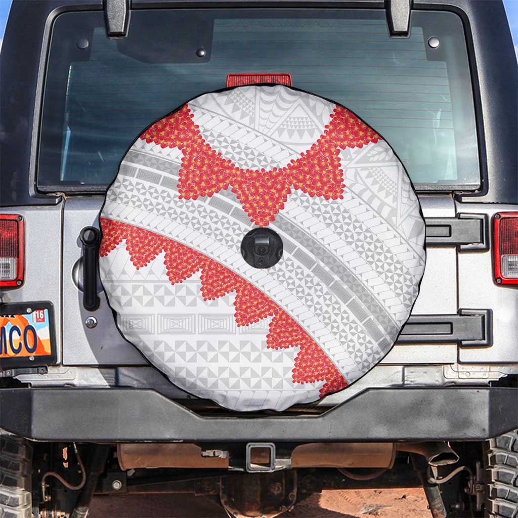 Tonga White Sunday Spare Tire Cover Heilala Flowers Tongan Ngatu Pattern LT14 White - Polynesian Pride