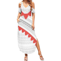 Tonga White Sunday Summer Maxi Dress Heilala Flowers Tongan Ngatu Pattern LT14 Women White - Polynesian Pride