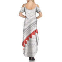 Tonga White Sunday Summer Maxi Dress Heilala Flowers Tongan Ngatu Pattern LT14 - Polynesian Pride