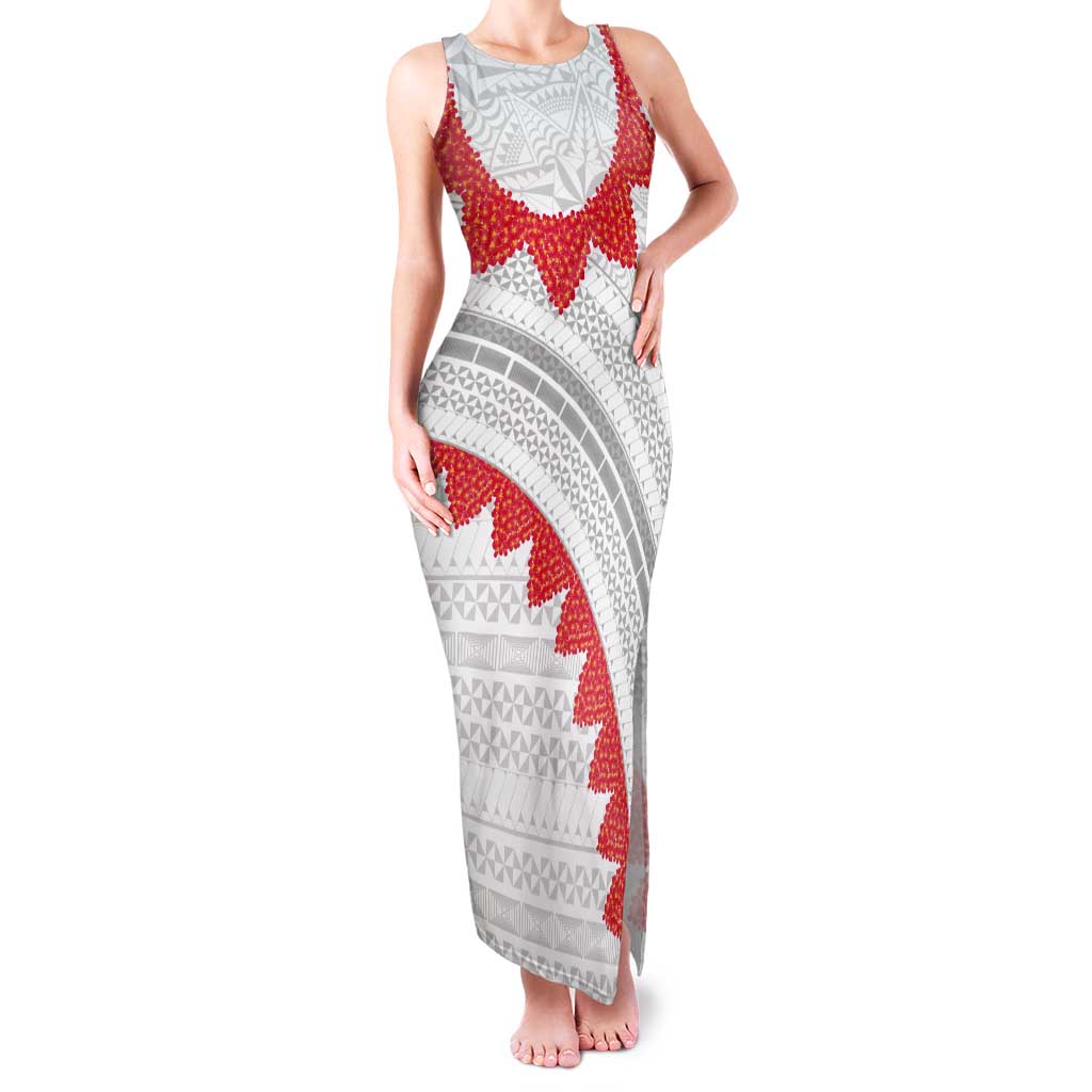 Tonga White Sunday Tank Maxi Dress Heilala Flowers Tongan Ngatu Pattern LT14 Women White - Polynesian Pride