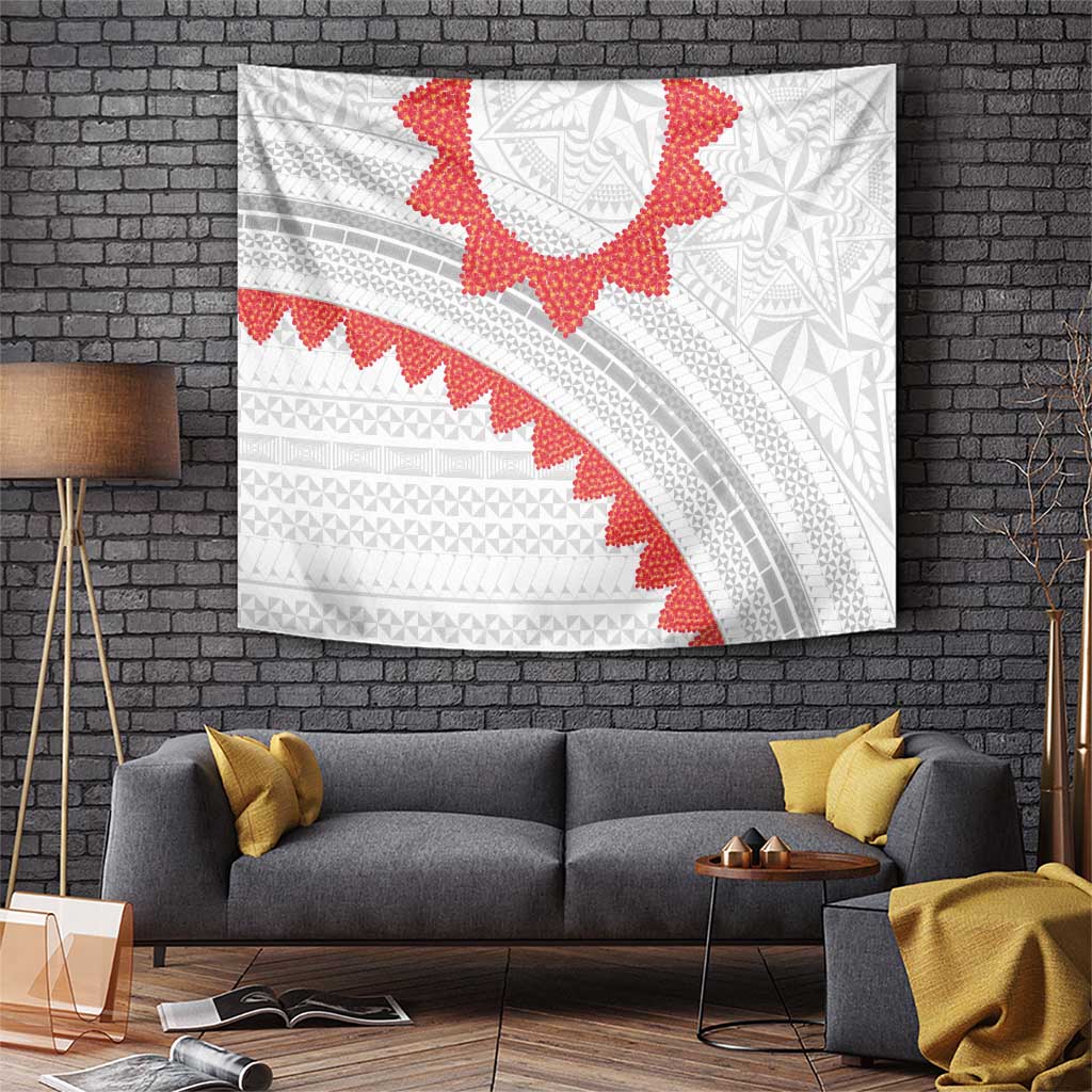 Tonga White Sunday Tapestry Heilala Flowers Tongan Ngatu Pattern LT14 White - Polynesian Pride