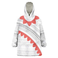 Tonga White Sunday Wearable Blanket Hoodie Heilala Flowers Tongan Ngatu Pattern LT14 One Size White - Polynesian Pride