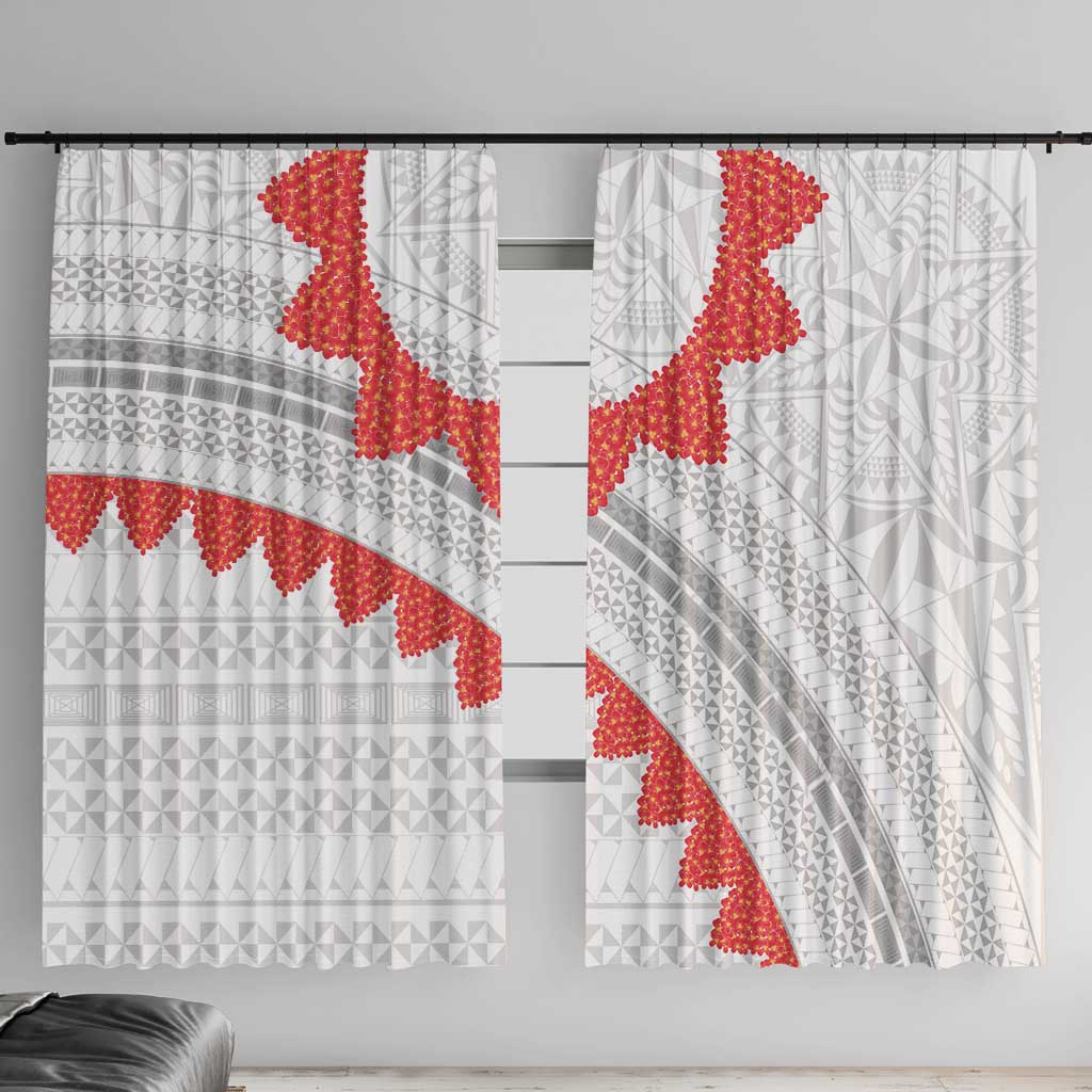 Tonga White Sunday Window Curtain Heilala Flowers Tongan Ngatu Pattern LT14 With Hooks White - Polynesian Pride