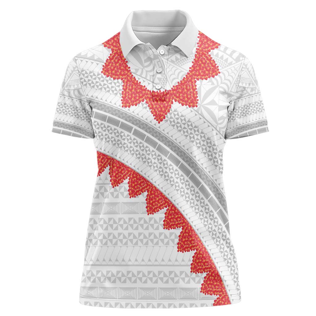 Tonga White Sunday Women Polo Shirt Heilala Flowers Tongan Ngatu Pattern LT14 Female White - Polynesian Pride