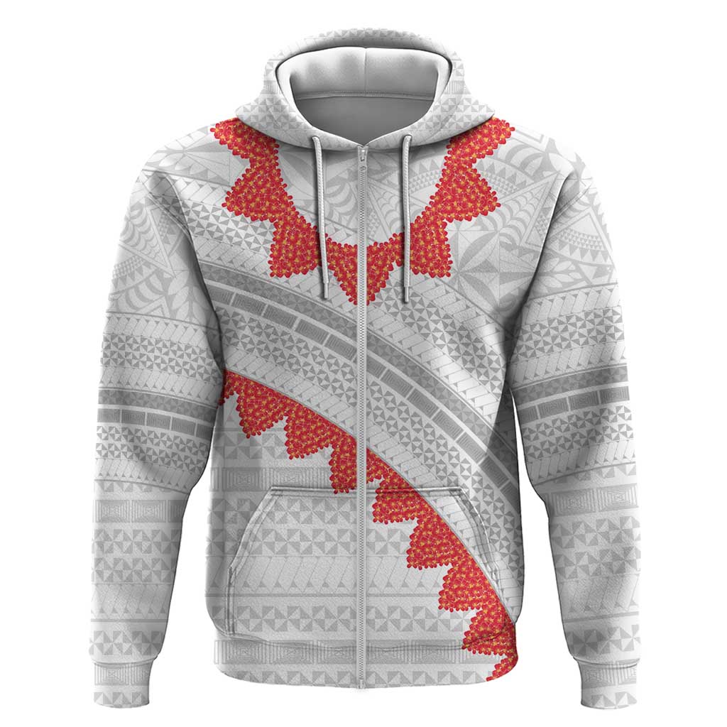 Tonga White Sunday Zip Hoodie Heilala Flowers Tongan Ngatu Pattern LT14 Zip Hoodie White - Polynesian Pride
