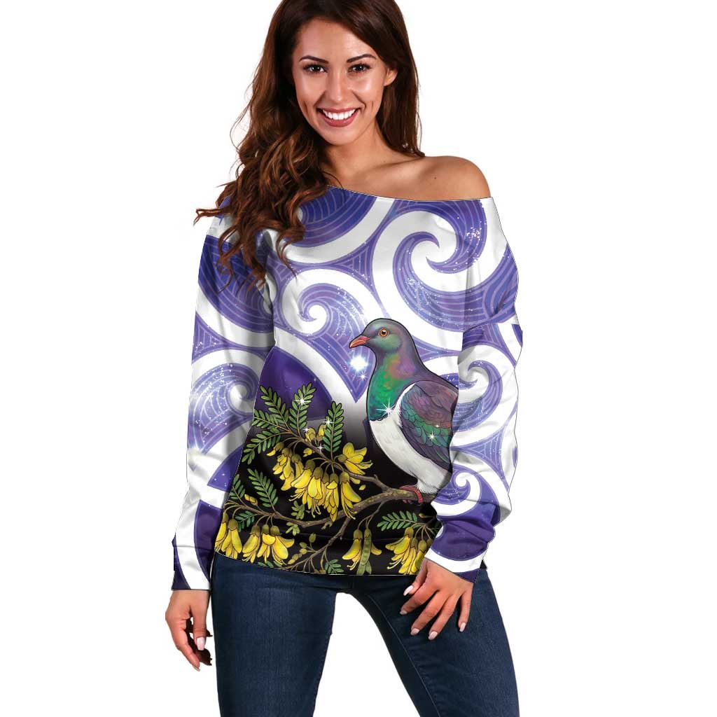Kekeru New Zealand Matariki Off Shoulder Sweater Kukupa Kowhai Maori New Year Purple Version LT14 Women Purple - Polynesian Pride