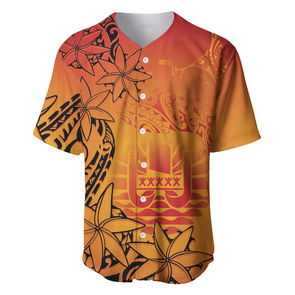 French Polynesia Manta Ray Tattoo Baseball Jersey Tahiti Hahalua Tiare Maori Gradient Style LT14 Orange - Polynesian Pride