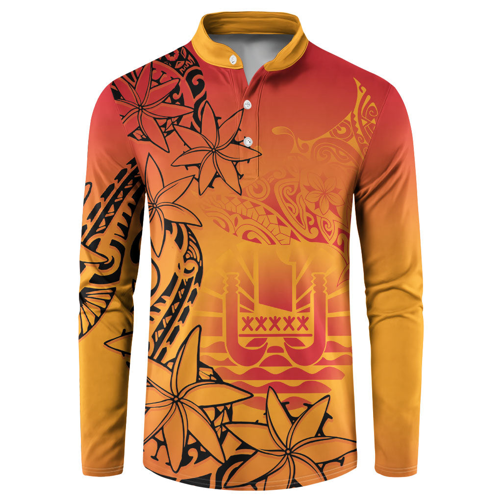 French Polynesia Manta Ray Tattoo Button Sweatshirt Tahiti Hahalua Tiare Maori Gradient Style LT14 Orange - Polynesian Pride