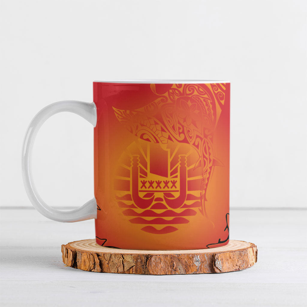 French Polynesia Manta Ray Tattoo Ceramic Mug Tahiti Hahalua Tiare Maori Gradient Style LT14 Orange - Polynesian Pride