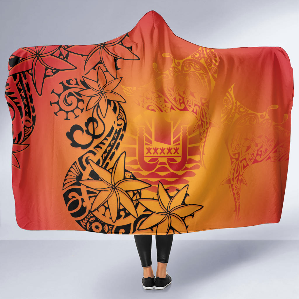 French Polynesia Manta Ray Tattoo Hooded Blanket Tahiti Hahalua Tiare Maori Gradient Style LT14 One Size Orange - Polynesian Pride