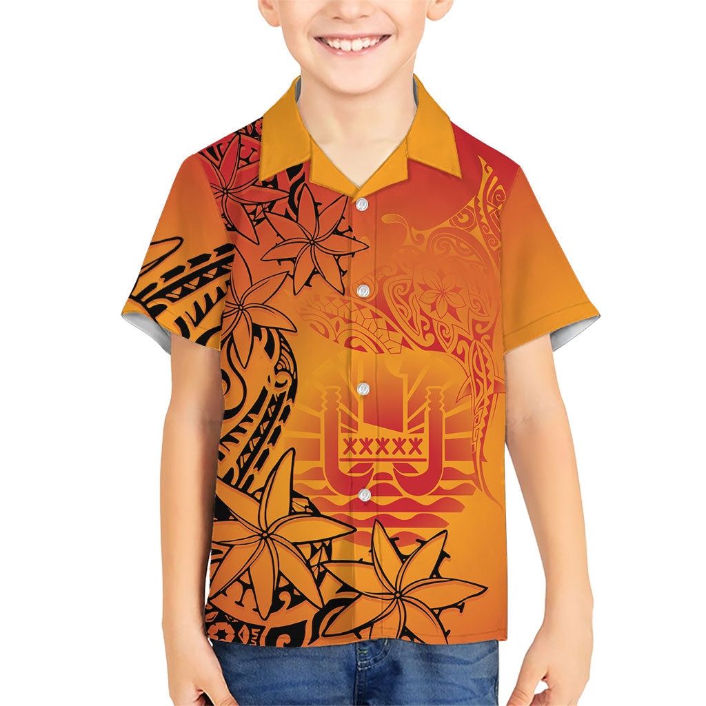 French Polynesia Manta Ray Tattoo Kid Hawaiian Shirt Tahiti Hahalua Tiare Maori Gradient Style LT14 Kid Orange - Polynesian Pride