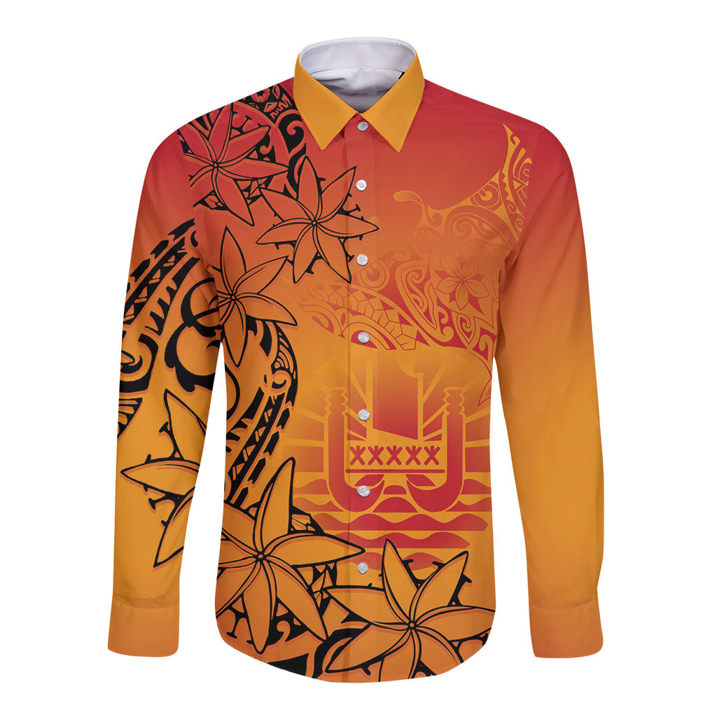 French Polynesia Manta Ray Tattoo Long Sleeve Button Shirt Tahiti Hahalua Tiare Maori Gradient Style LT14 Unisex Orange - Polynesian Pride