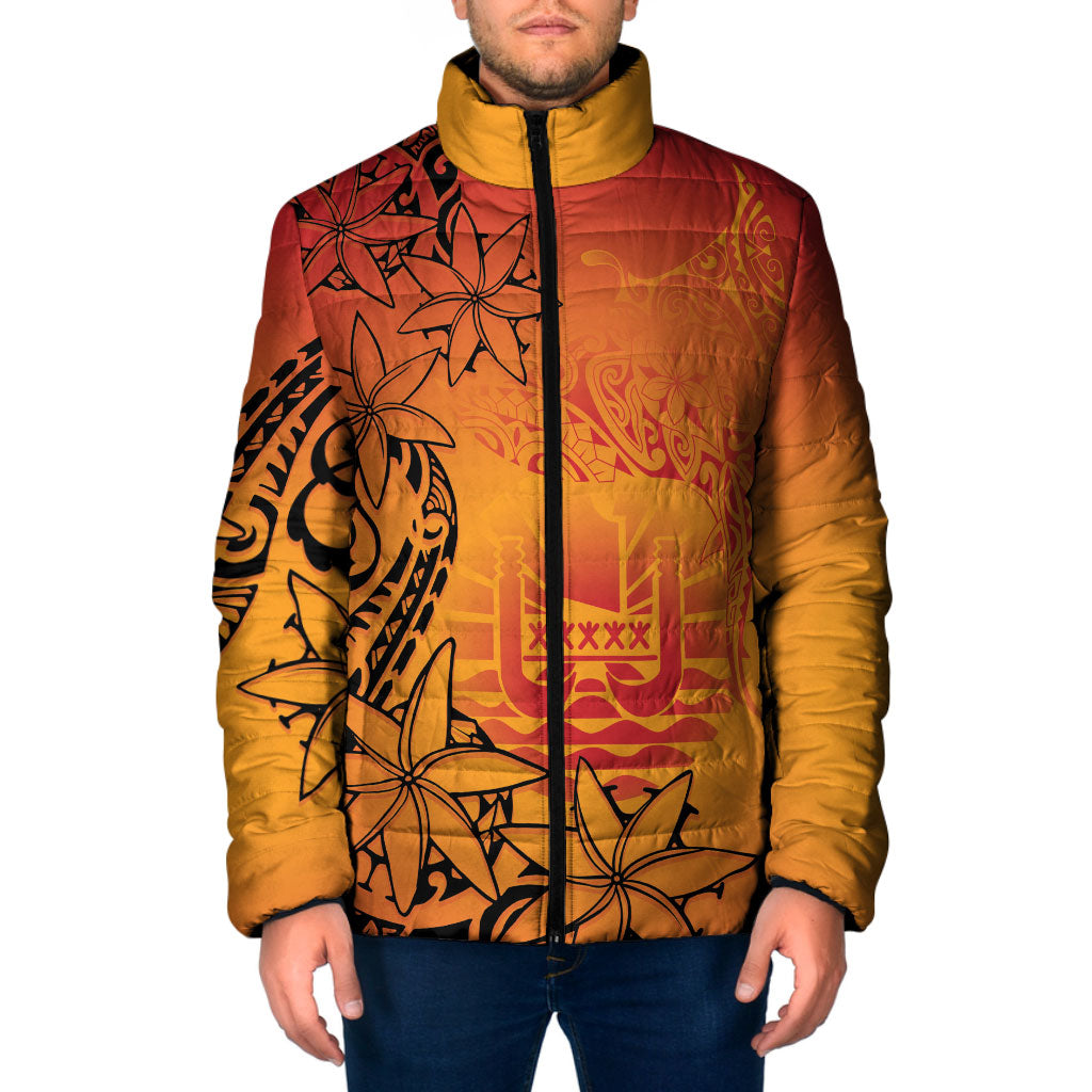 French Polynesia Manta Ray Tattoo Padded Jacket Tahiti Hahalua Tiare Maori Gradient Style LT14 Men Orange - Polynesian Pride