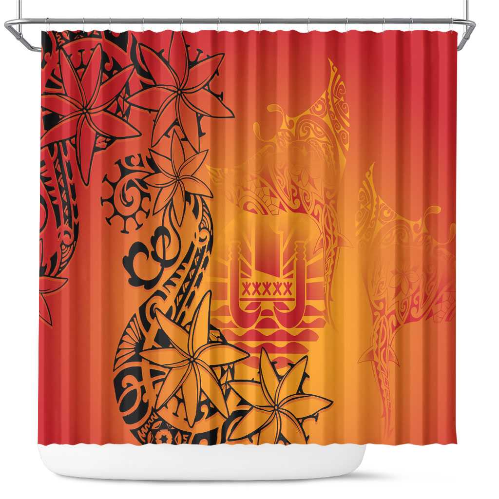 French Polynesia Manta Ray Tattoo Shower Curtain Tahiti Hahalua Tiare Maori Gradient Style LT14 Orange - Polynesian Pride